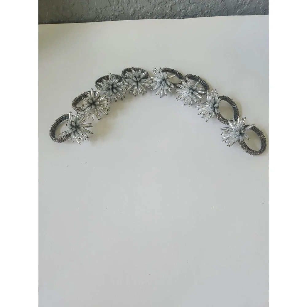 Set of 8 Beaded Starburst Napkin Rings Silver White Floral Burst Table Decor